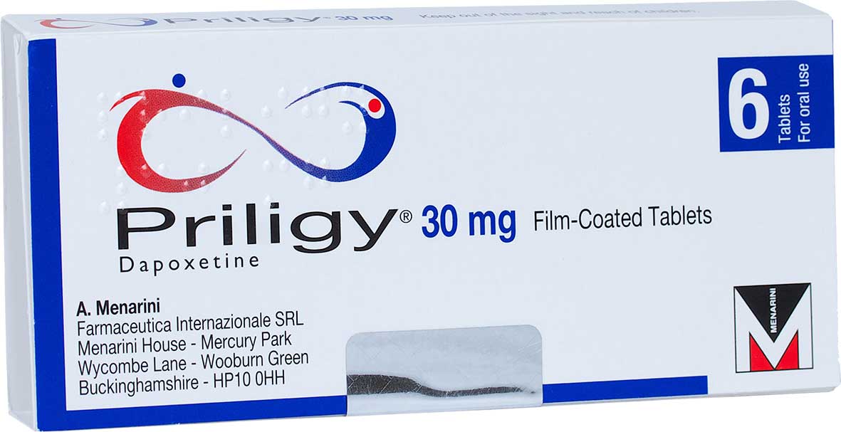 Priligy 30 mg 6 tabletlik ilaç kutusu, dapoksetin içeren reçeteli erken boşalma ilacının ambalajı