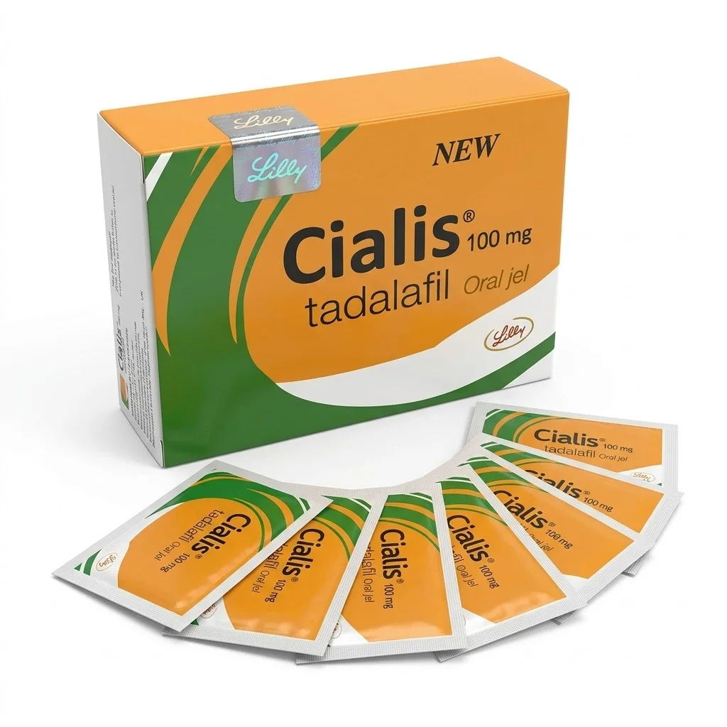 Cialis 100 mg oral jel 7'li paket kutusu ve yanındaki tek kullanımlık jel saşeleri