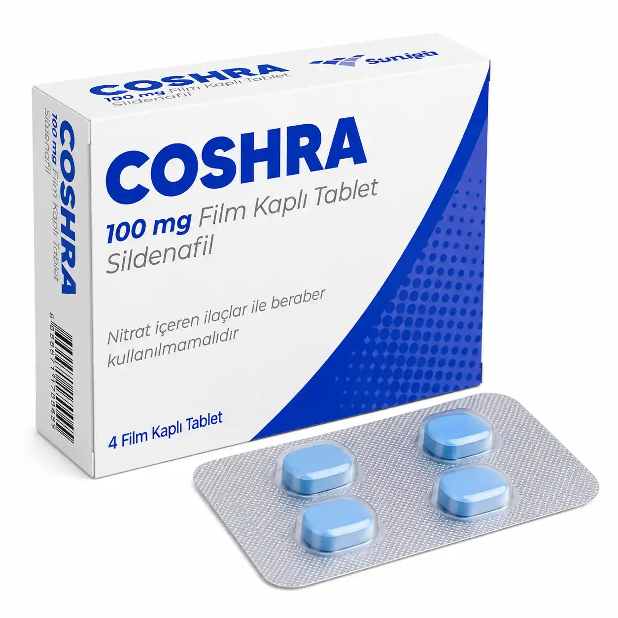 Coshra 100 mg sildenafil içeren 4 tabletlik ilaç kutusunun ön yüzü