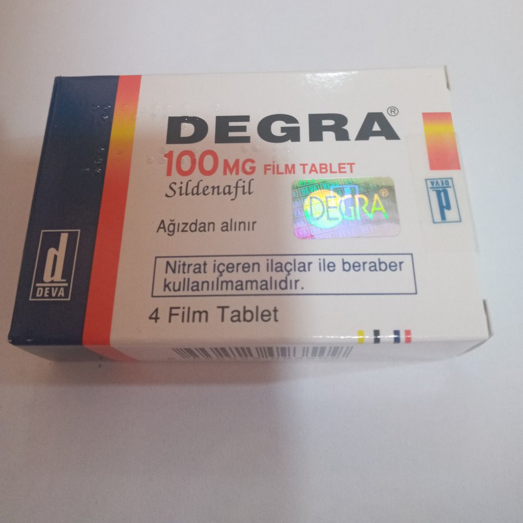 Degra 100 mg 4 tablet içeren ilaç kutusunun ön yüzünün görüntüsü