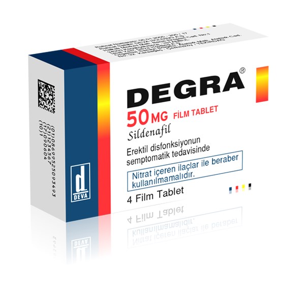 Degra 50 mg sildenafil içeren 4 tabletlik ilaç kutusunun ön yüzü