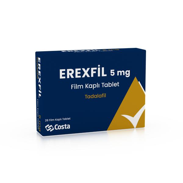 Erexfil 5 mg 28 film kaplı tablet içeren ilaç kutusunun ön yüzü