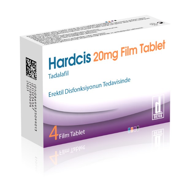 Hardcis 20 mg 4 tabletlik ilaç kutusunun ön yüzü, ürün adı ve tadalafil yazısı görünüyor
