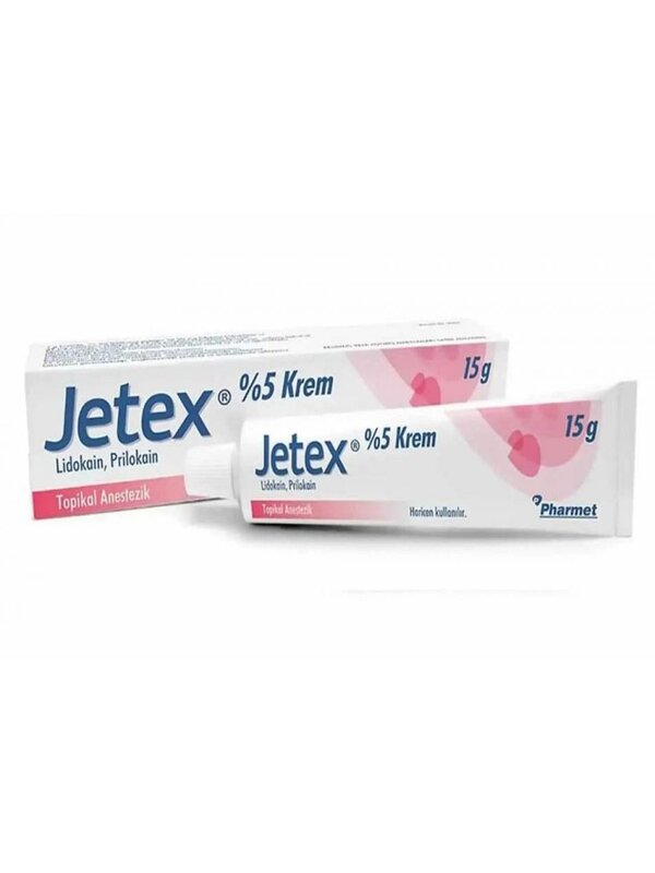 Jetex Krem %5 15 gr lokal anestezik krem tüpü ve ambalaj kutusu