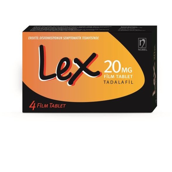 Lex 20 mg tadalafil içeren 4 tabletlik ilaç kutusunun ön yüzü