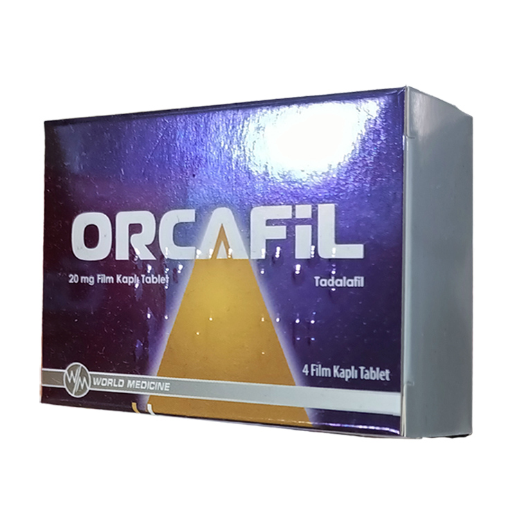 Orcafil 20 mg 4 film tablet ilaç kutusu, erektil disfonksiyon için tadalafil içeren ürün ambalajı