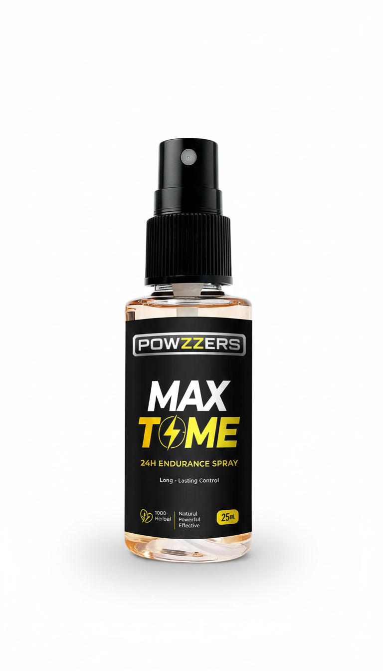 Powzzers Max Time Sprey 25 ml geciktirici sprey şişesi ve ürün kutusu