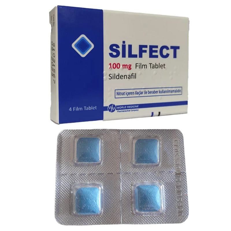 Silfect 100 mg sildenafil içeren 4 tabletlik ilaç kutusunun ön yüzü