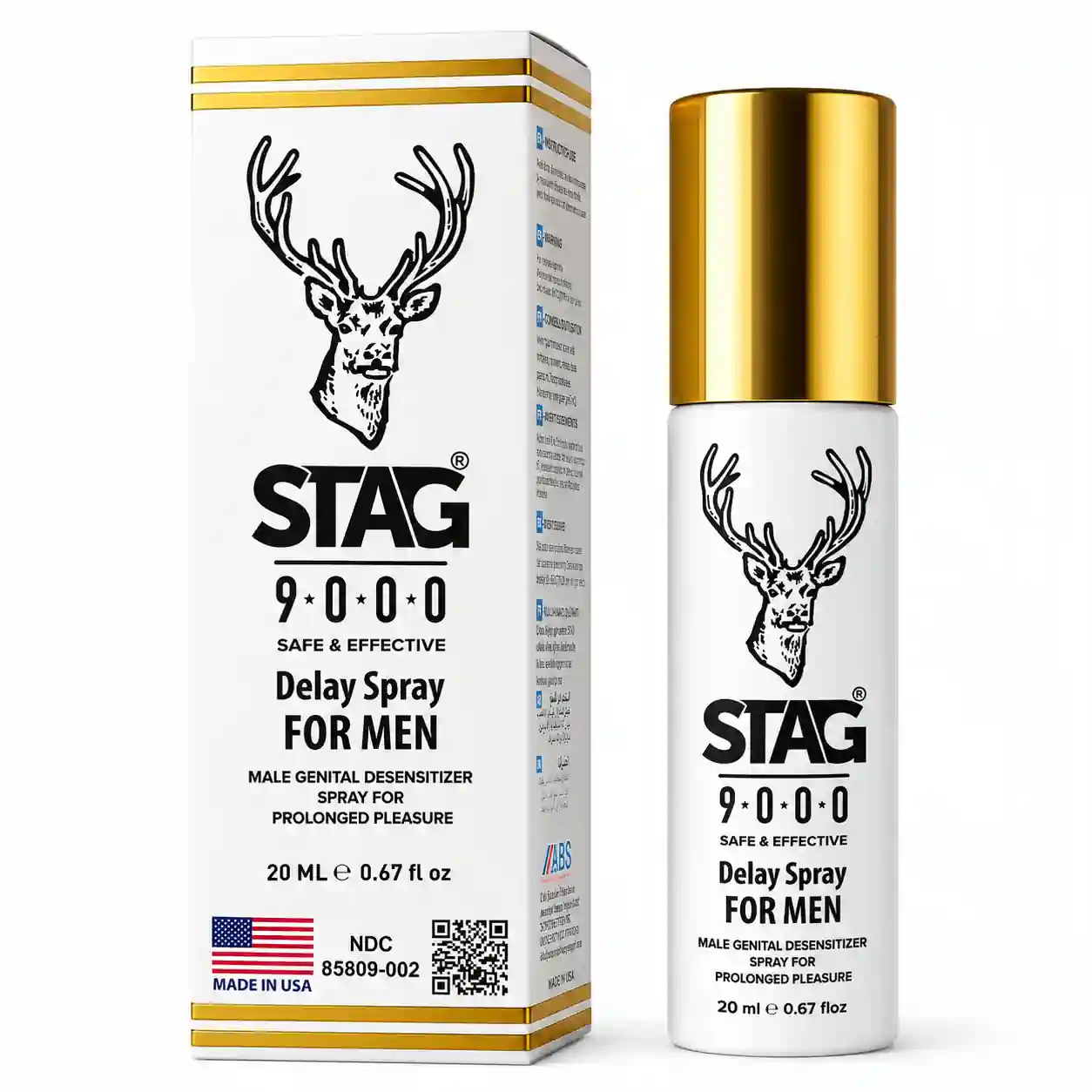 Stag 9000 geciktirici sprey şişesi ve ürün kutusunun yan yana görünümü