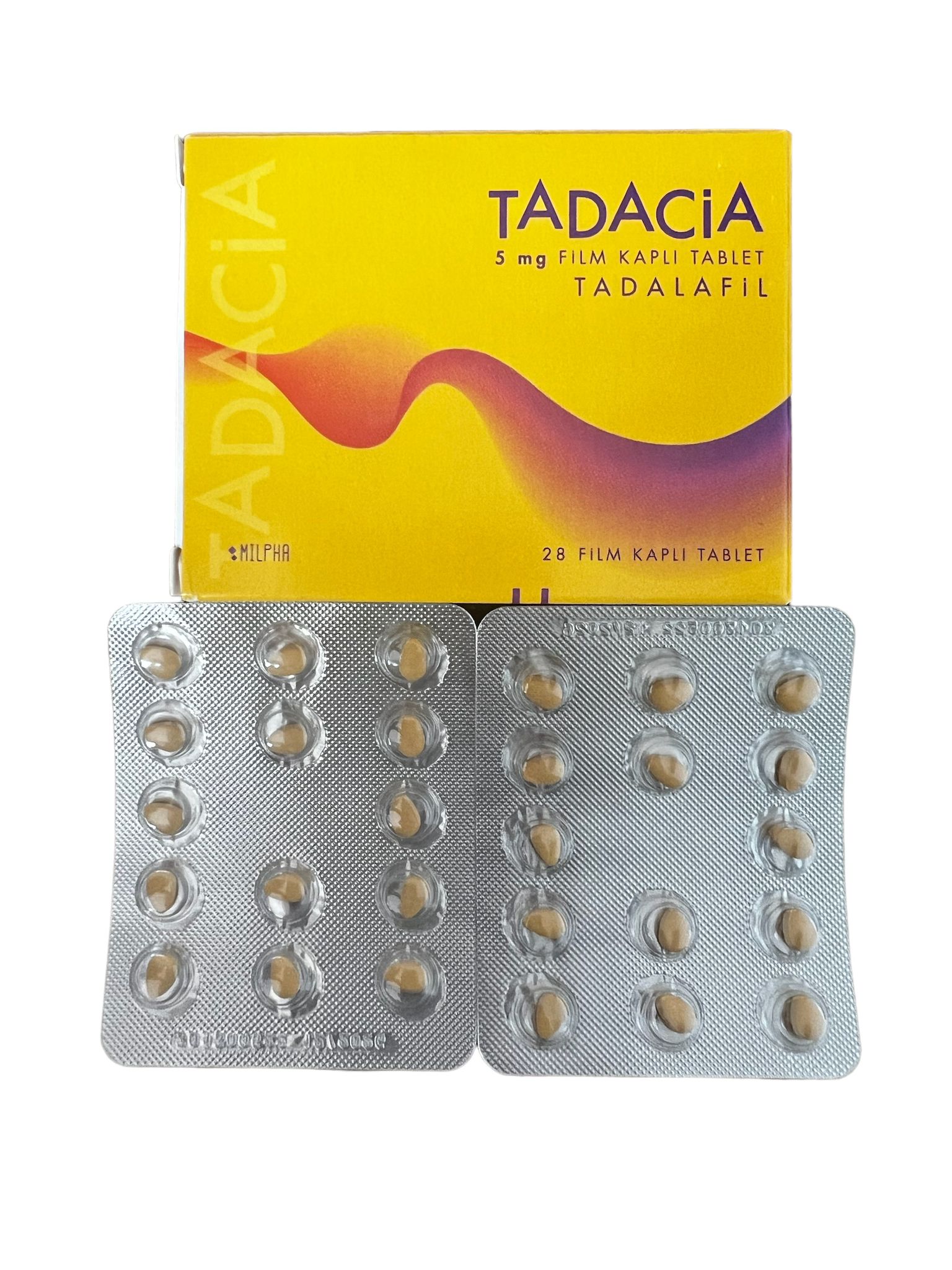 Tadacia 5 mg 28 tabletlik ilaç kutusu ve blister paket görünümü