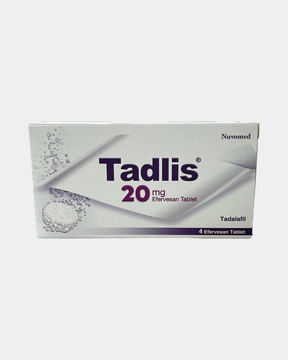 Tadlis 20 mg 4 tabletlik blister paket ve kutusu, tadalafil içeren ürünün ambalaj görünümü