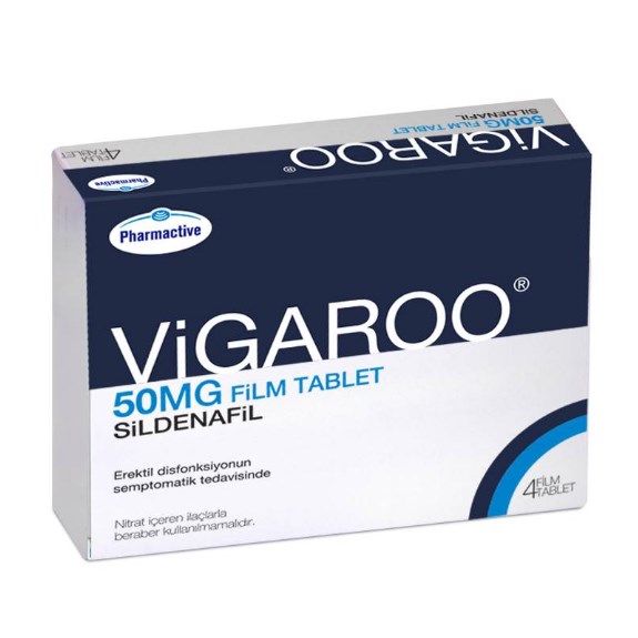 Vigaroo 50 mg 4 film tablet ilaç kutusunun ön yüzü, ürün adı ve sildenafil ibaresi görünüyor