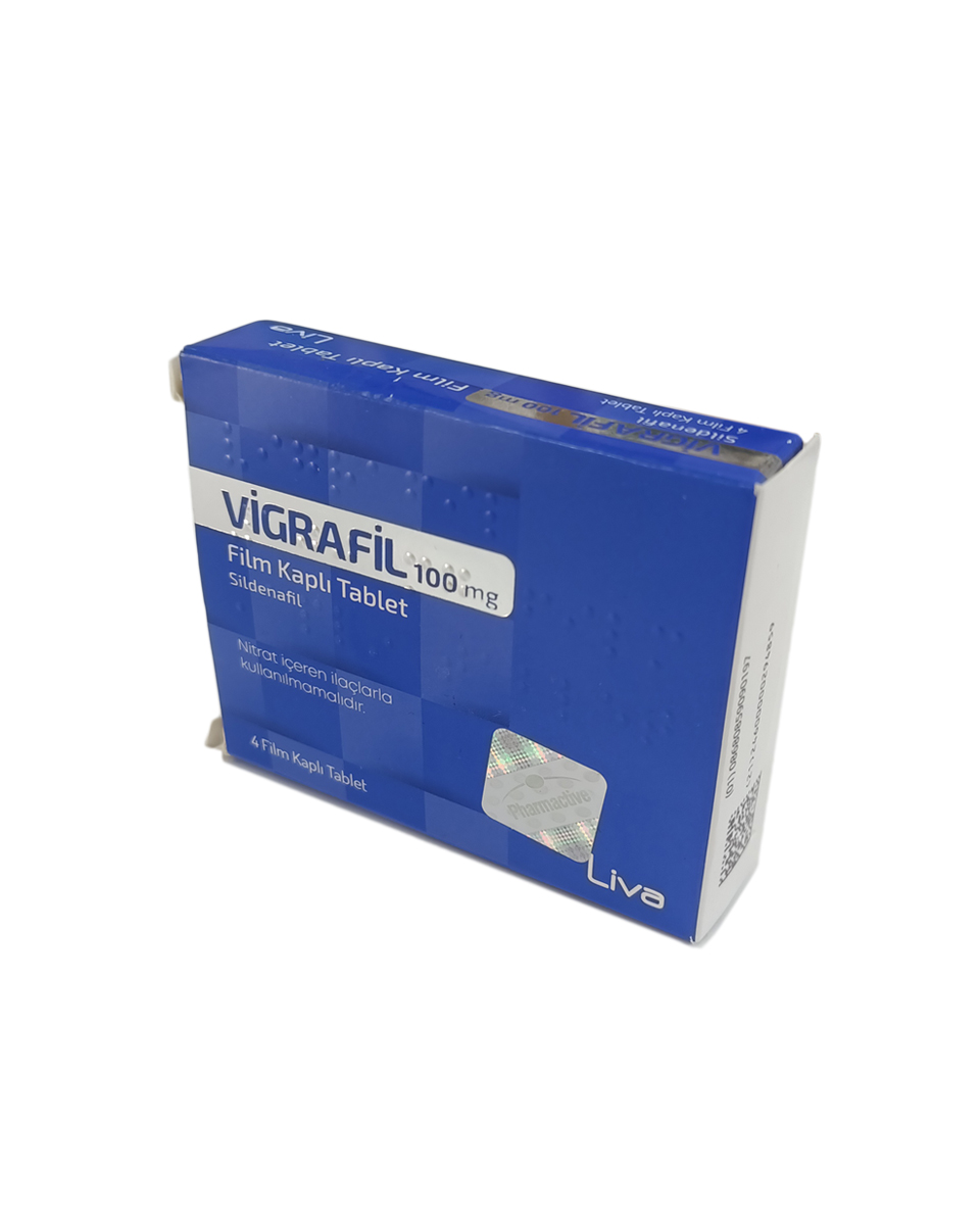Vigrafil 100 mg 4 film kaplı tablet içeren ilaç kutusu ve mavi renkli tabletler